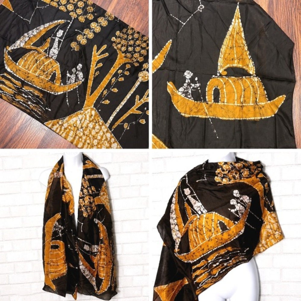 Vintage‎ Silk Scarf Narrative Print Batik Artisan Shawl Wrap Wearable Art Global